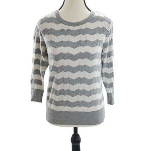Ann Taylor Sweater Gray White Striped Fitted Knit 3/4 Sleeve Womens Size Small
